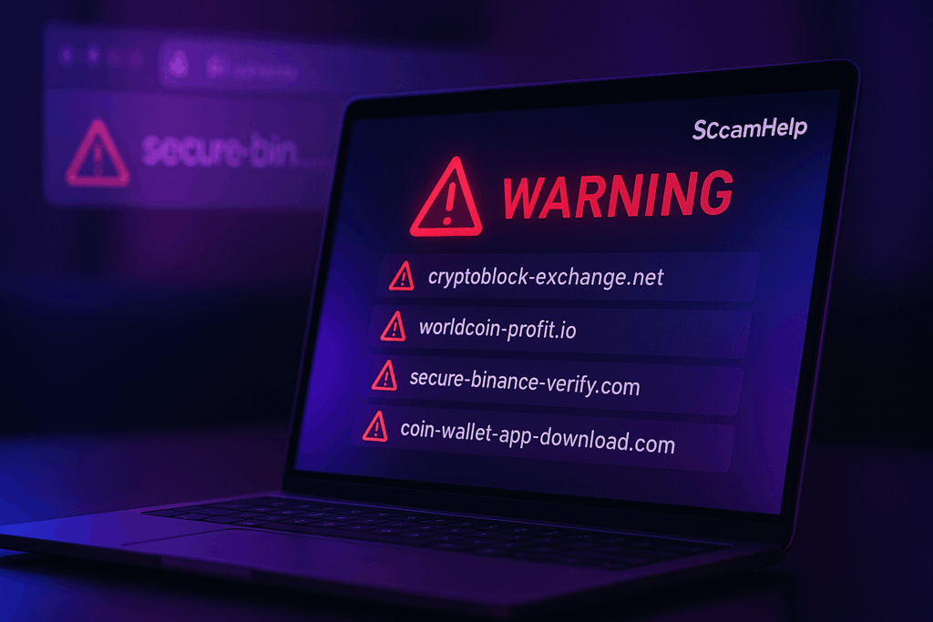 Laptop screen showing warning signs and fake crypto website URLs with ScamHelp purple-blue cyber-security theme.