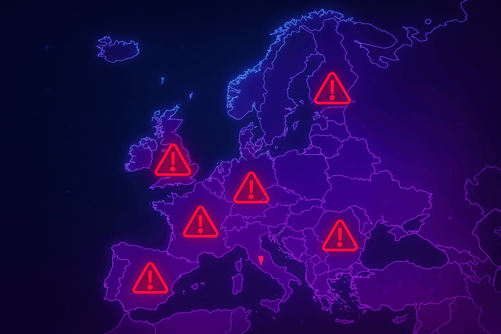 Map of Europe highlighting crypto scam hotspots in purple-blue cyber-security theme with red warning markers.