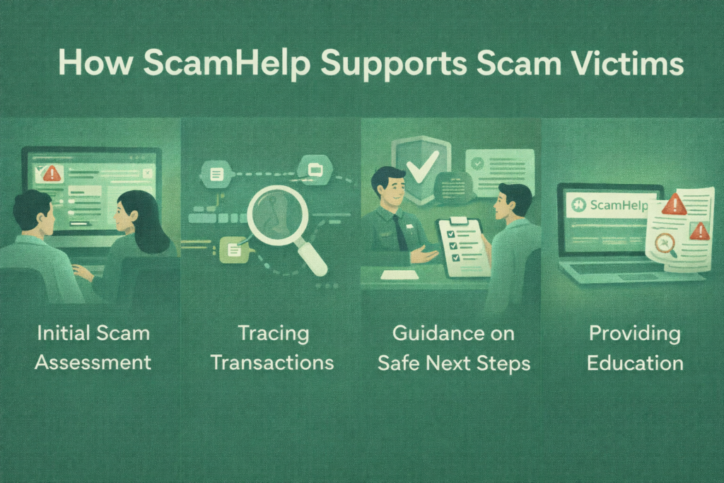 Illustration showing how ScamHelp supports scam victims through scam assessment, transaction tracing, guidance on safe next steps, and education, displayed on a green background consistent with the ScamHelp website.