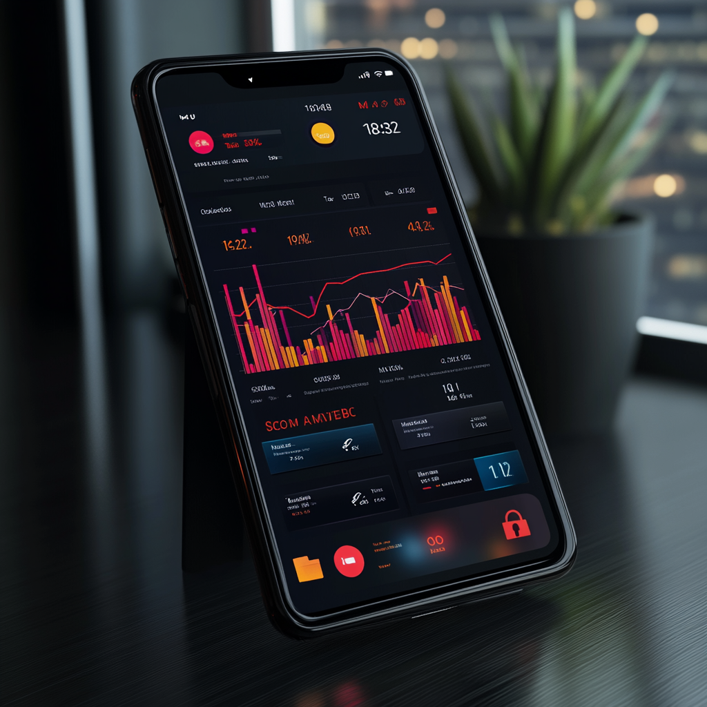 A smartphone displaying a suspicious investment app interface, surrounded by caution symbols, emphasizing the risks of fake investment apps in online scams.
