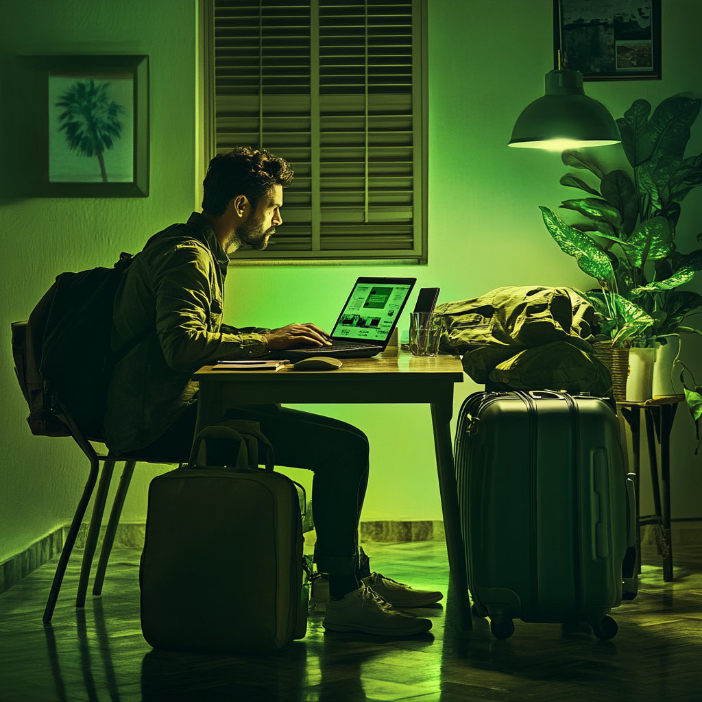 A traveler sitting at a table with luggage, looking at travel deals online .