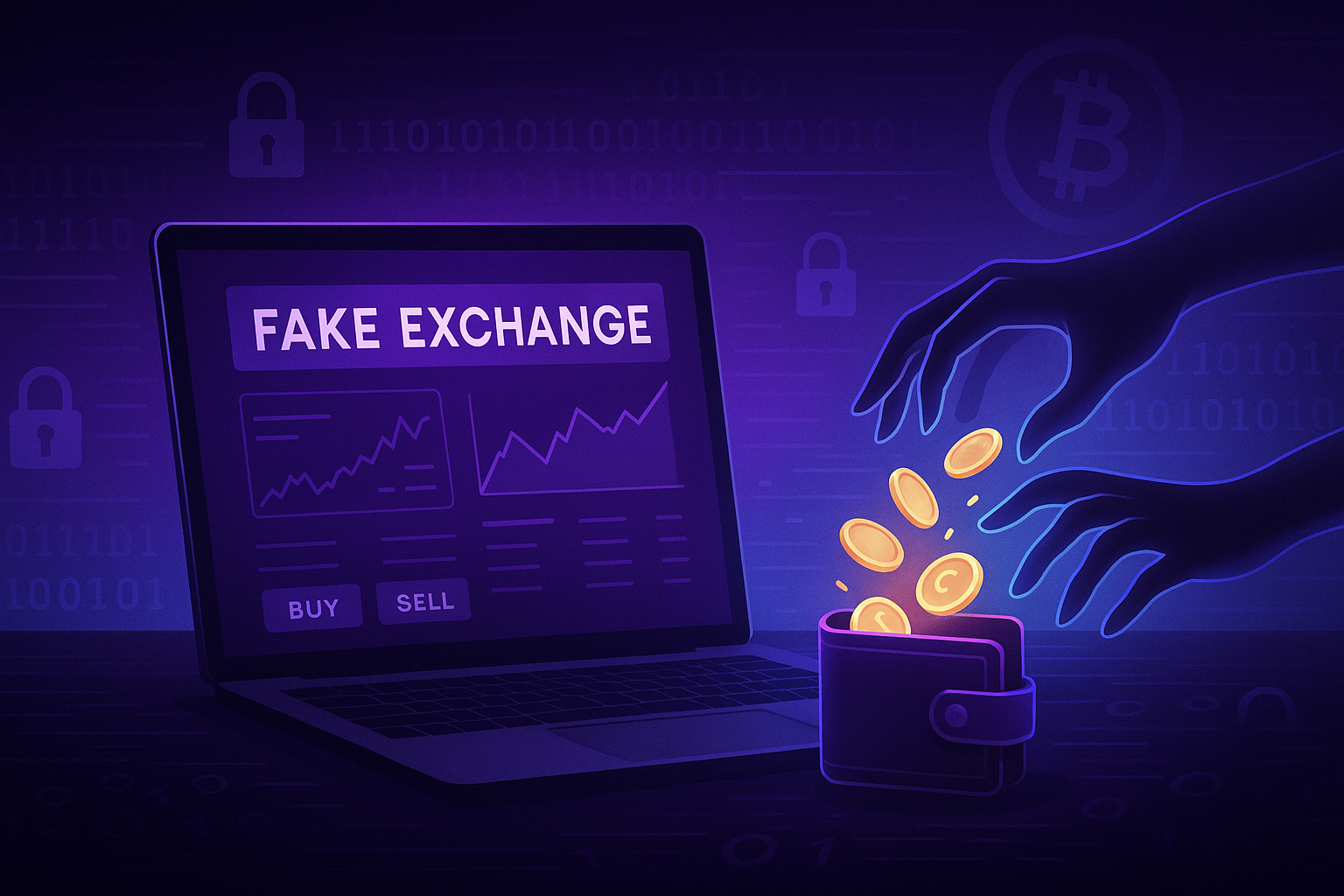 Illustration of fake crypto exchange and wallet draining scam with digital coins disappearing into the dark, in purple-blue tones.