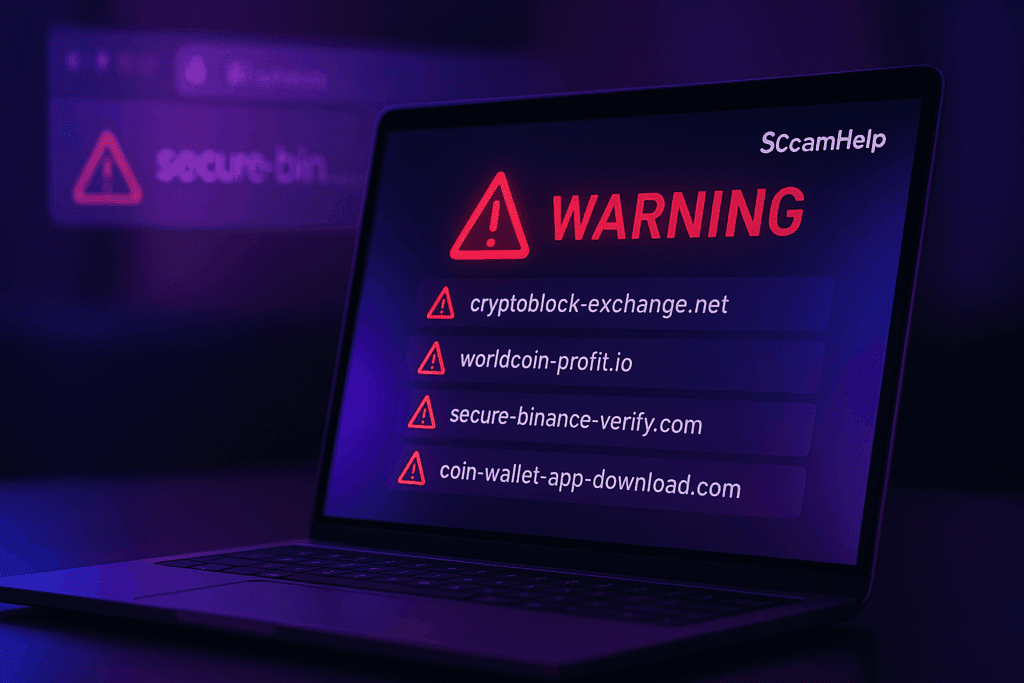 Laptop screen showing warning signs and fake crypto website URLs with ScamHelp purple-blue cyber-security theme.
