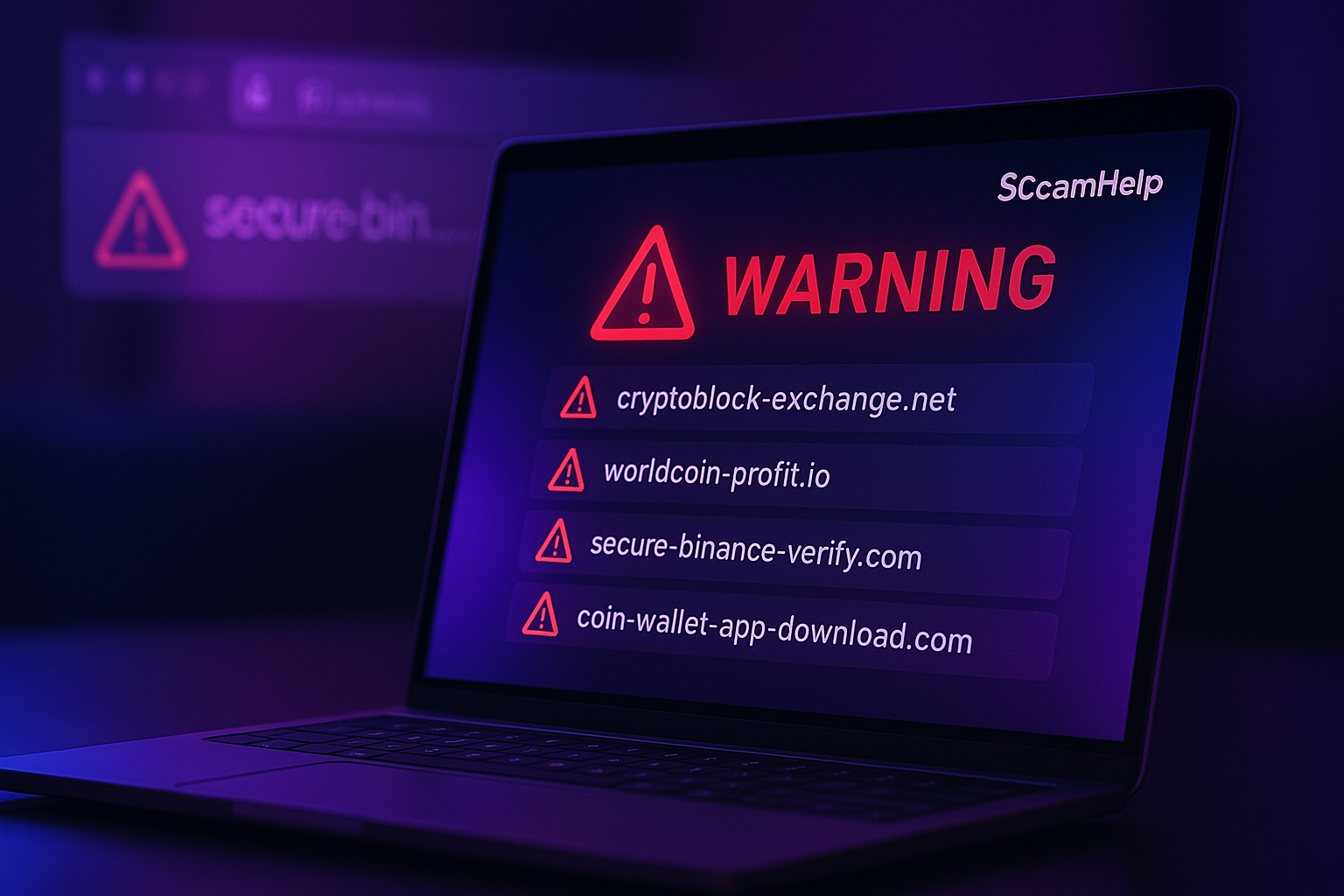 Laptop screen showing warning signs and fake crypto website URLs with ScamHelp purple-blue cyber-security theme.