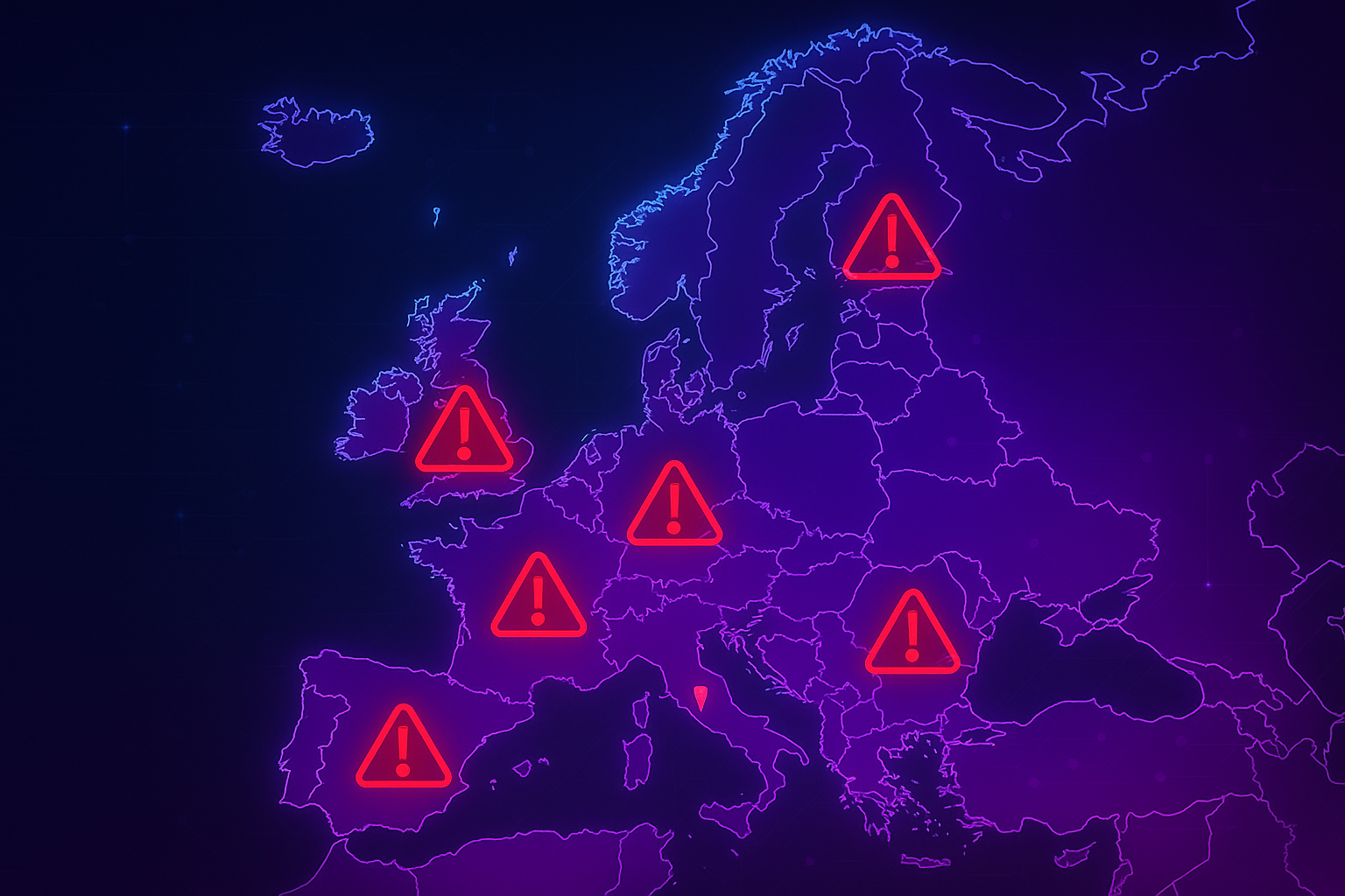 Map of Europe highlighting crypto scam hotspots in purple-blue cyber-security theme with red warning markers.