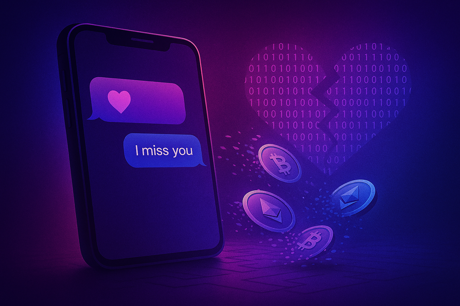 Concept art of a phone chat turning into disappearing crypto coins, symbolizing romance investment scams in ScamHelp purple-blue tones.