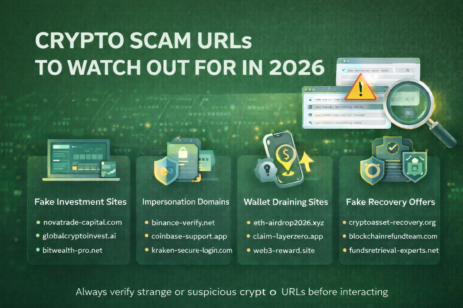 Infographic showing common types of crypto scam websites to watch out for in 2026, including fake investment platforms, impersonation domains, wallet-draining sites, and fake recovery offers, with example domain patterns on a dark blue background.