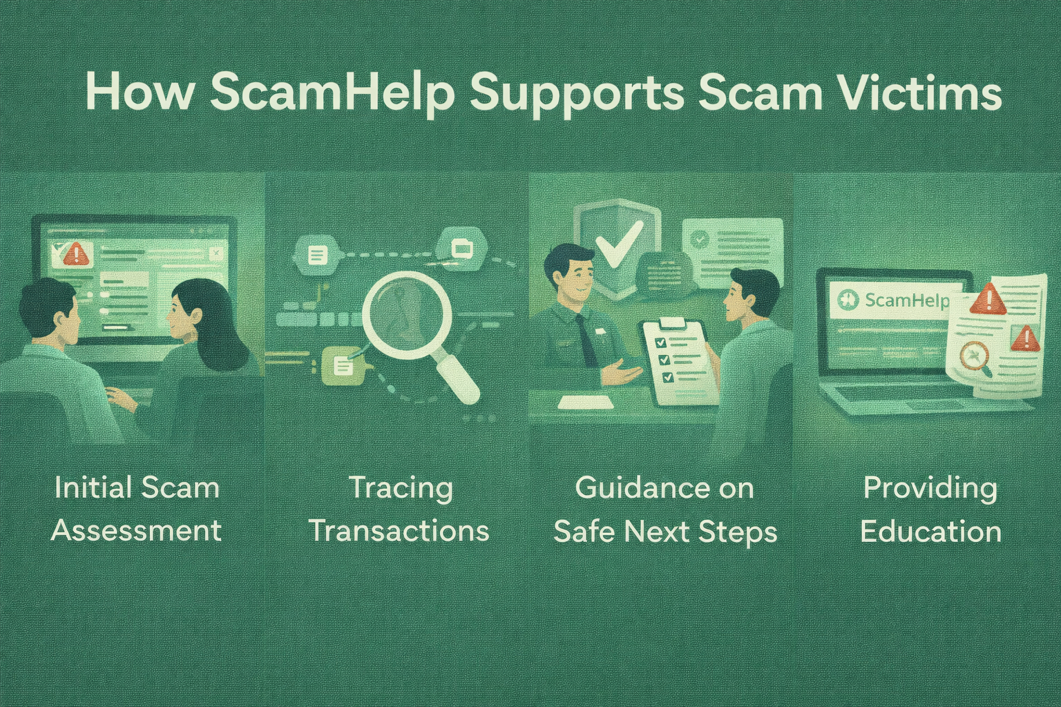 Illustration showing how ScamHelp supports scam victims through scam assessment, transaction tracing, guidance on safe next steps, and education, displayed on a green background consistent with the ScamHelp website.